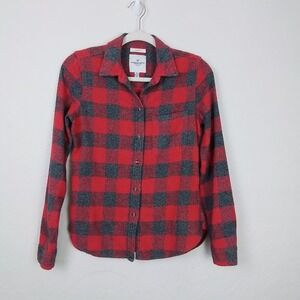 American Eagle Womens Flannel Shirt XS Red‎ Gray Plaid Cozy Button Up Slim Fit